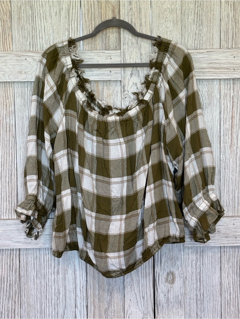 Cato Olive and White Plaid Off-Shoulder Peasant Blouse Sz 22/24